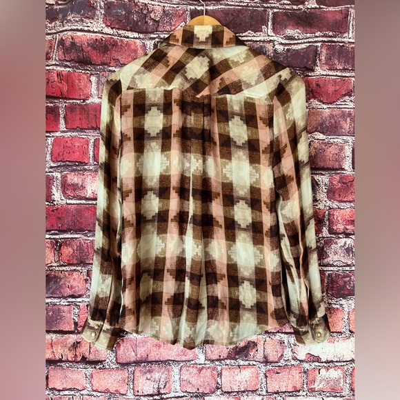 NWT Haute Hippie 100% Silk Plaid Western Snap Blouse - Brown/Cream - Picture 7 of 8